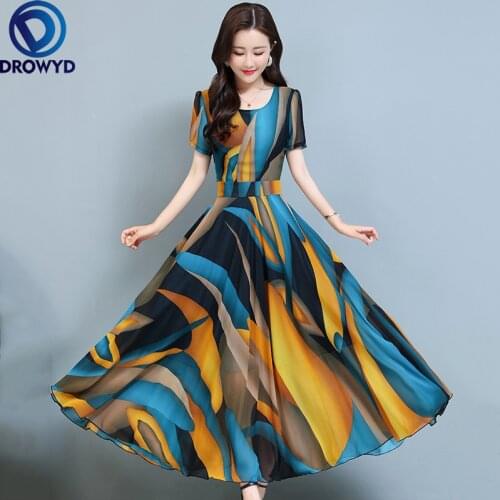 Summer Office Lady Maxi Dress for Women Fashion O-neck Short Sleeve Temperament Floral Print Long Chiffon Dresses Party Vestidos