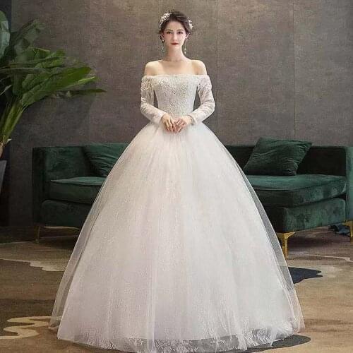 New Wedding Dress Embroidery Full Sleeves Luxurious Floor-Length Boat Neck Simple Tulle Plus Size Wedding Gowns For Women G263