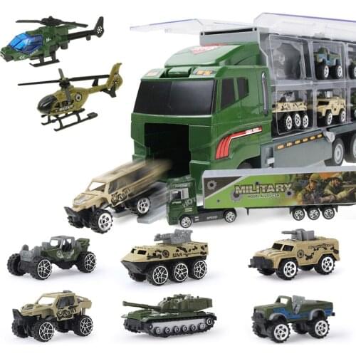 11pcs/set 2in1 Mini Military Vehicle Diecast Off-Road Car Model Toy Vehicle Carrier Truck with Ejection & Carry Function Gifts