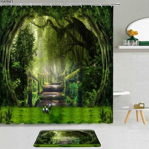 2Pcs Psychedelic Forest Landscape Shower Curtain Round Tree Vine Wooden Bridge Bathroom Curtains Fabric Non-Slip Bath Mat Set