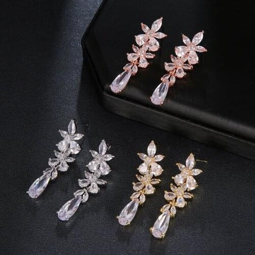 Ekopdee Zircons Flowers Cubic Zircon CZ Long Pink Tassel Earrings for Women Ladies Earrings 2021 Wedding Party Jewelry