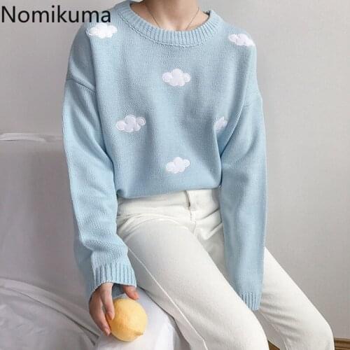 Nomikuma Korean Fashion Sweater Women O Neck Long Sleeve Pullover Jumpers Clouds Pattern Casual All-match Pull Femme Casaco