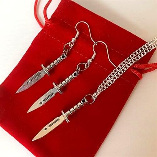 Cool quirky dagger earrings knife weapon silver plated handmade drop necklace dangle or jewellery set Gothic fashion gift
