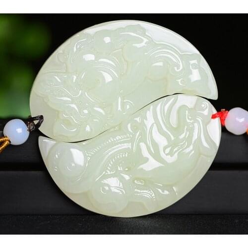 Natural hetian jade handcarved dragon and phoenix pendant simple retro pendant temperament jewellery fashion for lovers