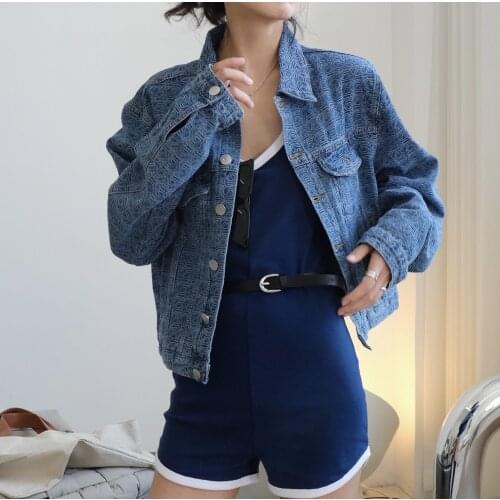 2021 Early Autumn Long-sleeved Jacket Denim Retro Fashion Design Style Sense Presbyopia Print Stitching Lapel Loose Jacket Women