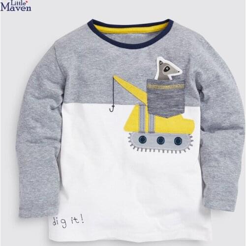 Little Maven New Autumn Spring Kids Gray Crane Applique O-neck Full- sleeved Cotton Knitted Boys Casual Tshirts Tee Tops