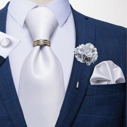 8cm Men Silk Tie White Solid Necktie Mens Formal Wedding Party Ties Cufflinks Hanky Flower Brooch Set Men Gift Corbatas DiBanGu