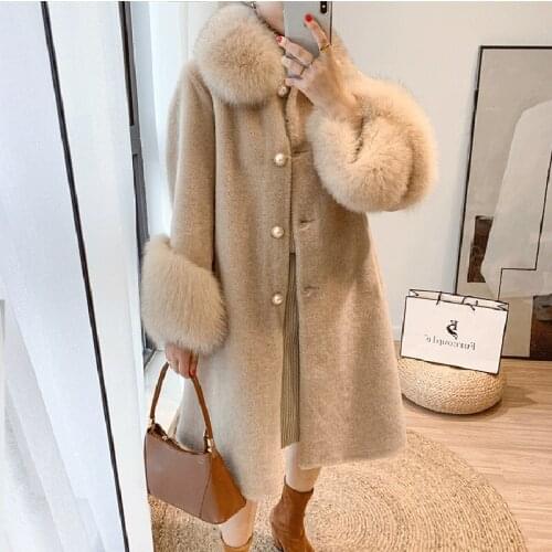 2020 Women Winter Warm Wool Coats Real Granule sheep Shearing Coat Real Fox Fur collar sleeve Overcoat Long Outerwear