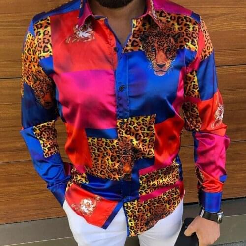 Red Leopard Patchwork Shirt Mens Silk Satin Digital printing Shirts Slim Fit Long Sleeve Flower Print Casual Party Shirt Tops