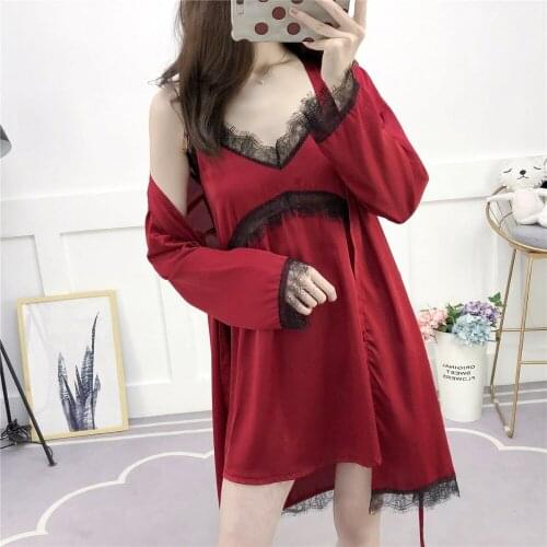 S Sexy Silk Satin Robe Gown Set Lace Bathrobe Set 2 Pieces Solid Sleepwear Nightwear Summer Home Clothing