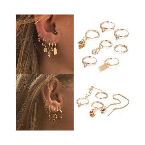2020 New Boho Multi-Element Crystal Set Earring For Women Fashion Pendant Piercing Geometric Stud Earrings Jewelry