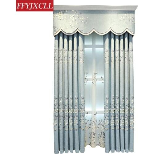 European-style Curtains for Living Dining Room Bedroom Embossed Curtains Fresh Gray Blue Chenille Curtains Valance Curtains