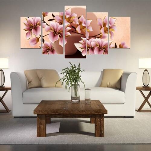 Modern Wall Art Modular Pictures For Living Room 5 Panel Beautiful Pink Flowers Home Decor Abstract Print Painting On Canvas