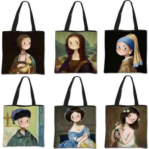 Oil Painting girl shoulder bag female leisure handbag beach bag woman tote bag Funny Mona Lisa Cosplay Folding Shopping Bag