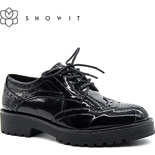 Black faux patent leather Middle Heels Bottom Platform Shoes lady oxford Leather Flats Lace Up Footwear female corporate shoes