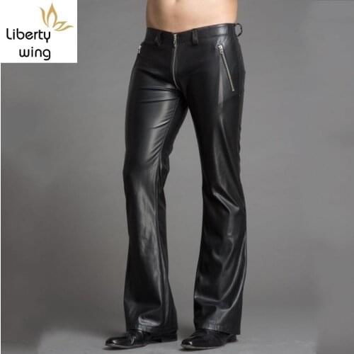 High Quality Men Pu Leather Flare Plus Size Slim Fit Punk Style Personality Zipper Bell-Bottomed Pants Stage Show Trousers