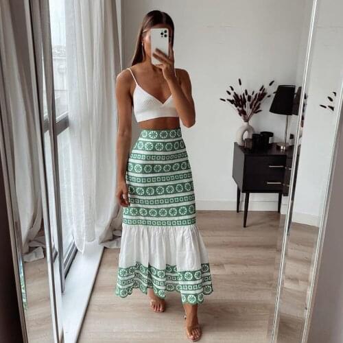2021 Fashion Green Skirts Women Embroidered Long Summer Skirt 2021 High Waist Skirt Woman Fashion Ruffle Midi Skirt Ladies