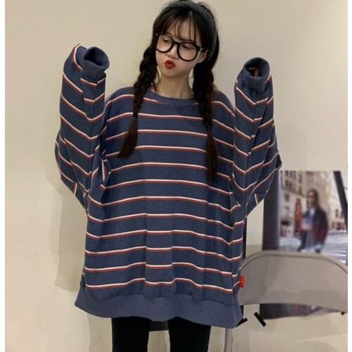 Korean Style T Shirts Women Oversize Long Sleeve Striped T-shirt 2020 Loose Striped O-neck Tops for Ladies