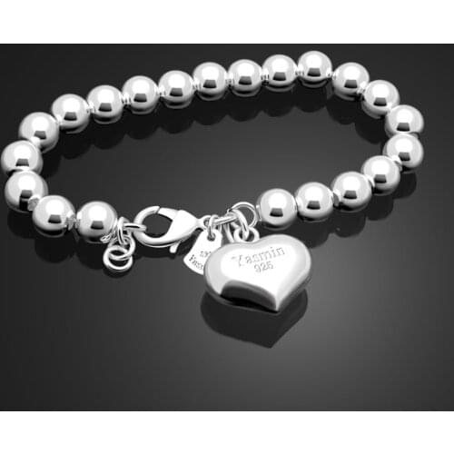 Fashion 100% 925 sterling silver Heart Bracelet Women solid silver Hand catenary Girl simple ball bracelet Charm Fine Jewelry