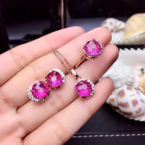 Natural pink topaz gem stone jewelry sets natural gemstone ring Pendant earrings S925 silver Elegant round woman party jewelry