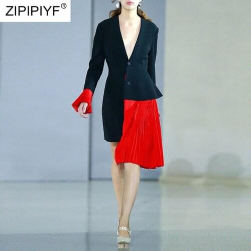 2019 New Spring Dress Female Ruched Irregular Dress V-Neck Flare Sleeve Temperament Contrast asymmetric Patchwork dresses H6809