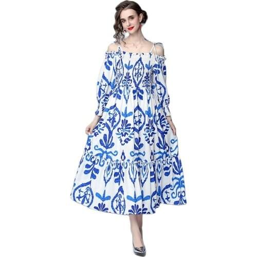 BunniesFairy 2021 Summer Women Elegant Bohemian Blue White Porcelain Geometric Floral Print Long Strap Dress for Beach Holiday