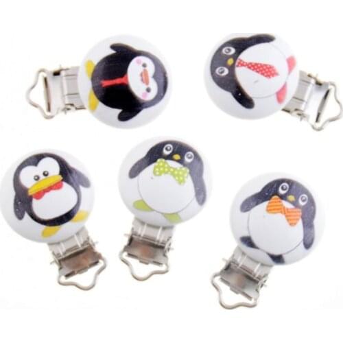 5PCs Baby Pacifier Clips Lovely penguin Style Wood Metal Holders Cute Infant Soother Clasps Funny Accessories 4.8x2.9cm F2008