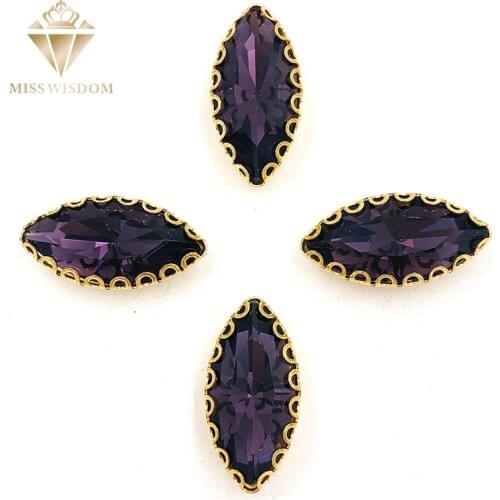 7X15mm Deep purple Horse eye sew on rhinestones gold base with hole lacy claws glass crystal rhinestones Diy garment accessories