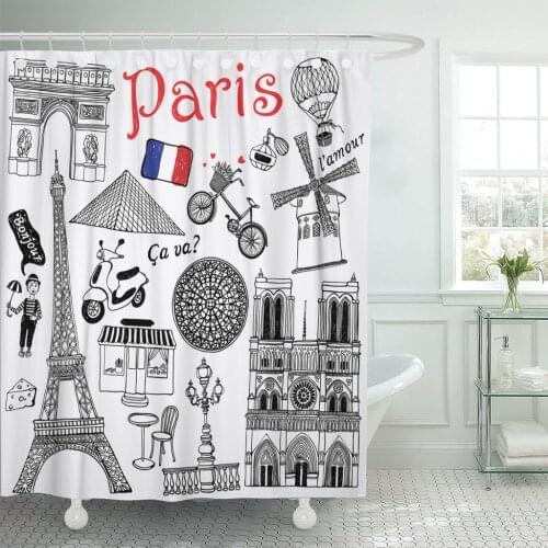Louvre Paris Cafe Travel Street Bike Abstract Bathroom Curtains Waterproof Polyester Fabric 72 x 78 inches Set with Hooks