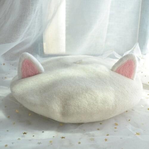Womens beret hats spring and summer handmade wool felt cat ears painter hats fashionable wild cute cats beanie hats