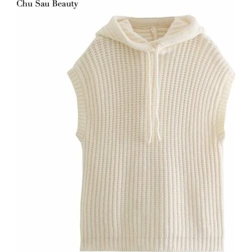 Chu Sau Beauty ZA 2021 Womens Autumn Loose Sleeveless Hooded Knitted Vest Fashion Casual Womens Loose Coarse Wool Sweater Vest