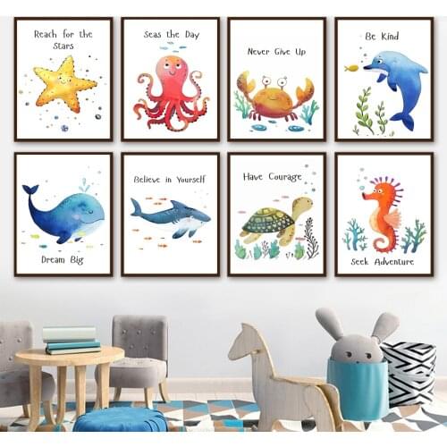 Whale Shark Octopus Starfish Wall Art Canvas Painting Nordic Posters And Prints Ocean Animals Wall Pictures For Kids Room Decor