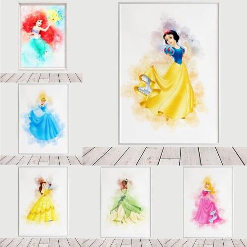 Disney Princesses Wall Art Posters Watercolor Canvas Paintings Snow White Prints Pictures Girl Bedroom Nursery Home Decoration