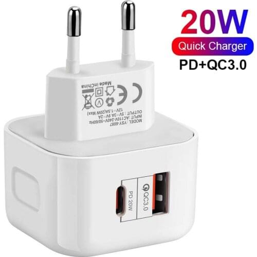 PD 20W Type C Charger 2 Ports Quick Charge QC3.0 USB-C Fast Charging Mini Travel Wall Charger Power Adapter For iPhone 12Pro Max
