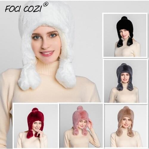 Trending 2019 Fashion Pink winter Hat With Rabbit Faux Fur Hat Women Cap With Ears Move Girls Earflap Warm Snow Ski Trapper Cap