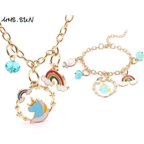 MHS.SUN Fashion Design Girl Kids Chain Necklace Bracelets With Unicorn/Rainbow Charms Pendant Jewelry Set Child Accessories