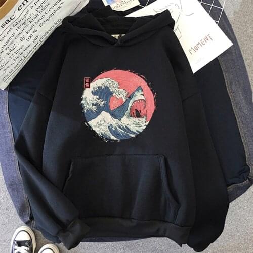 Hoodies Japanese Shark Ukiyo-E Mens Warm Hoodies Harajuku Brand Vintage Man Sweatshirt Loose Street Korean Pullover Punk Clothes