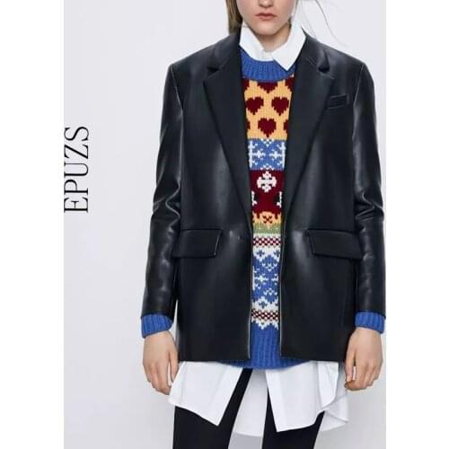 Spring black PU leather blazer women elegant long sleeve office suit jacket casual single button blazers and jackets 2021