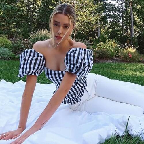 Puff Sleeve Square Collar Vintage Plaid Pirnt Shirt Femme Blusas All-match Women Blouse Chic Blusa Blanca Mujer Prairie Chic Top