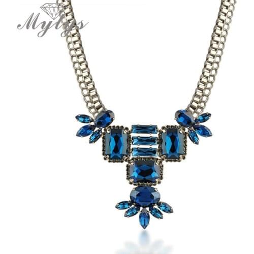 Mytys High Level Crystal Big Statement Necklace Pendant Royal Blue Noble Crystal Pendant Necklace for Lady N83