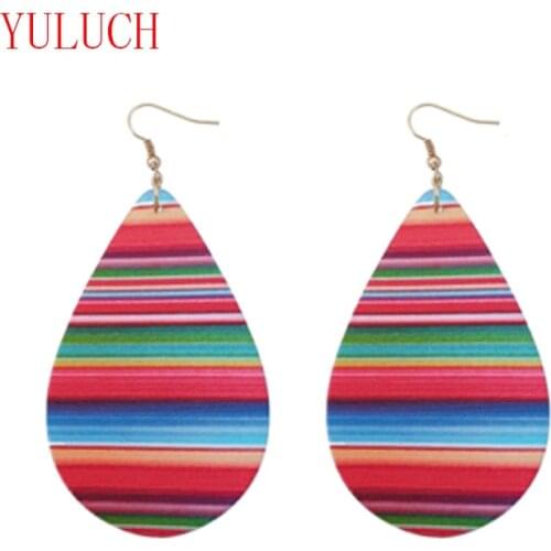 YULUCH New Design Fashion Painted Wooden Rainbow Water Drop Pendant for Personality African Women Pop Earrings Jewelry Gifts
