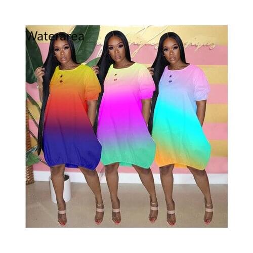 Waterarea Summer Gradient Tie Dye Womens Short Sleeve O-neck Slim Dresses