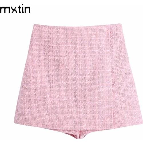 MXTIN 2021 Women Summer Vintage Solid Tweed Shorts Skirts Fashion High Waist Offic Lady Female Skort Faldas Vestidos Mujer