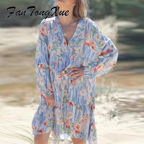 Fall Dresses for Women 2021 Floral Print Fashion Dress Women Loose Long Sleeve V Neck Knee Length Boho Elegant Dresses Ladies