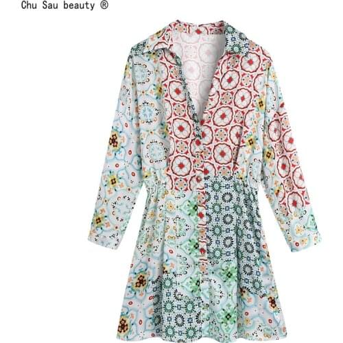 Autumn New Vintage Long-Sleeve Printed Single Breasted Casual Fashion Holiday Style Lapel Folds Patchwork Dress Women Vestido