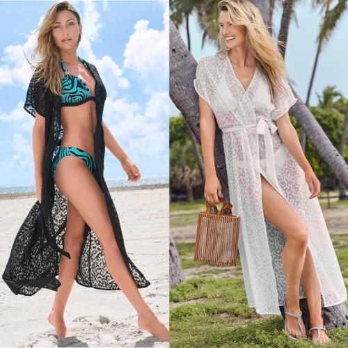 2021 Solid Sexy See Through Lace Dress Summer Beach Dress Tunic Women Beachwear Beach Style Long Kimono Cardigan N1305