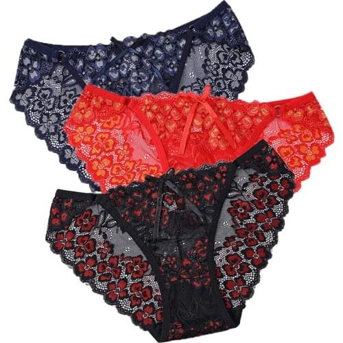 3pcs Sexy Underwear Lace Briefs Transparent Super Thin Temptation Thong Women Panties Underpant