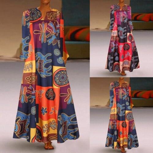 @ Women Vintage Elegant Party Dress Plus Size Print Daily Long Sleeve Vintage Bohemian Dress V Neck Maxi Dres Long Dress