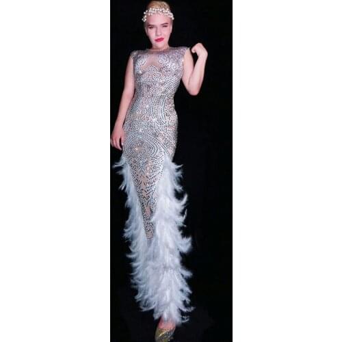 Sparkly Full Rhinestones Feather Long Dress Elegant Women Evening Birthday Celebrity Prom Party Night Dresses Sexy Stage Costume
