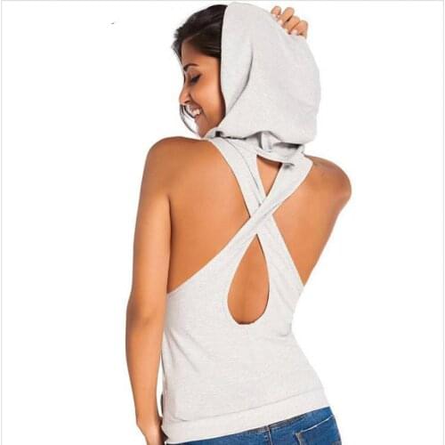 New Women Fitness Backless Cross Sport T Shirt Sleeveless Sexy Vest Gym Clothes Running Sportswear Hooded Tees Tops Breathable